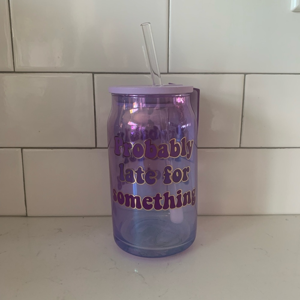 Sheffield Home Probably Late For Something Glass Tumbler‎ + Straw - Purple - NWT